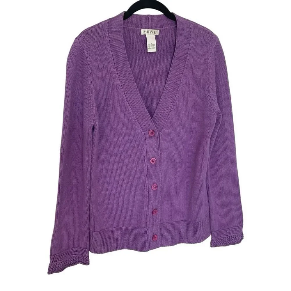 Orvis Women's Size Small Purple V-Neck Novelty Stitch Cardigan Sweater Top